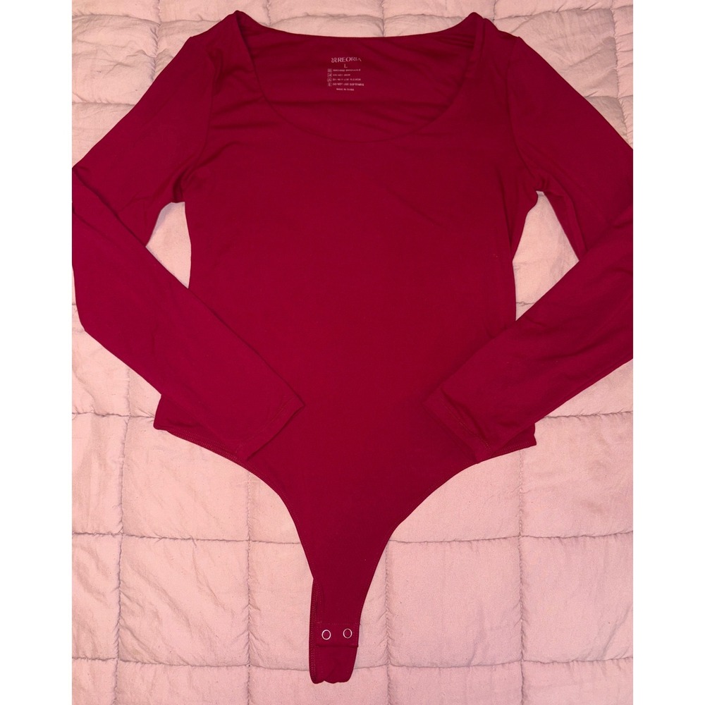 REORIA Womens Burgundy Scoop Neck Long Sleeve Thong Bodysuit Stretch, Size L